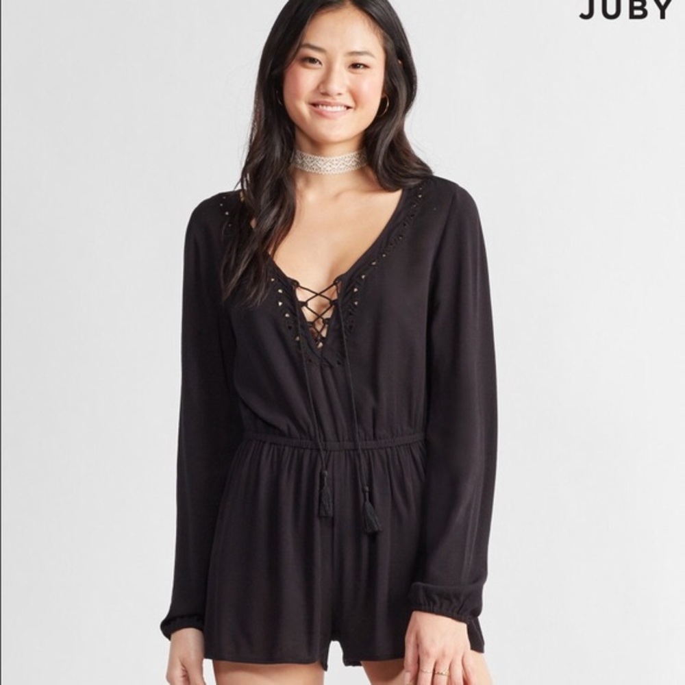 Cape Juby | Black Lace Up Tassel Romper Sz XS